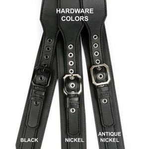 3" wide black pebble finished leather guitar strap top view with assorted clipped corner buckle colors