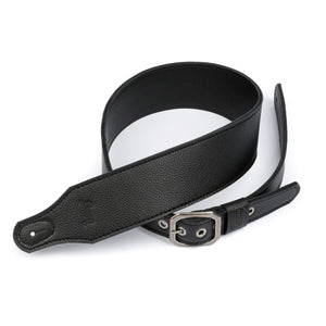 3" wide black pebble finished leather guitar strap rolled up with a antique nickel clipped corner buckle