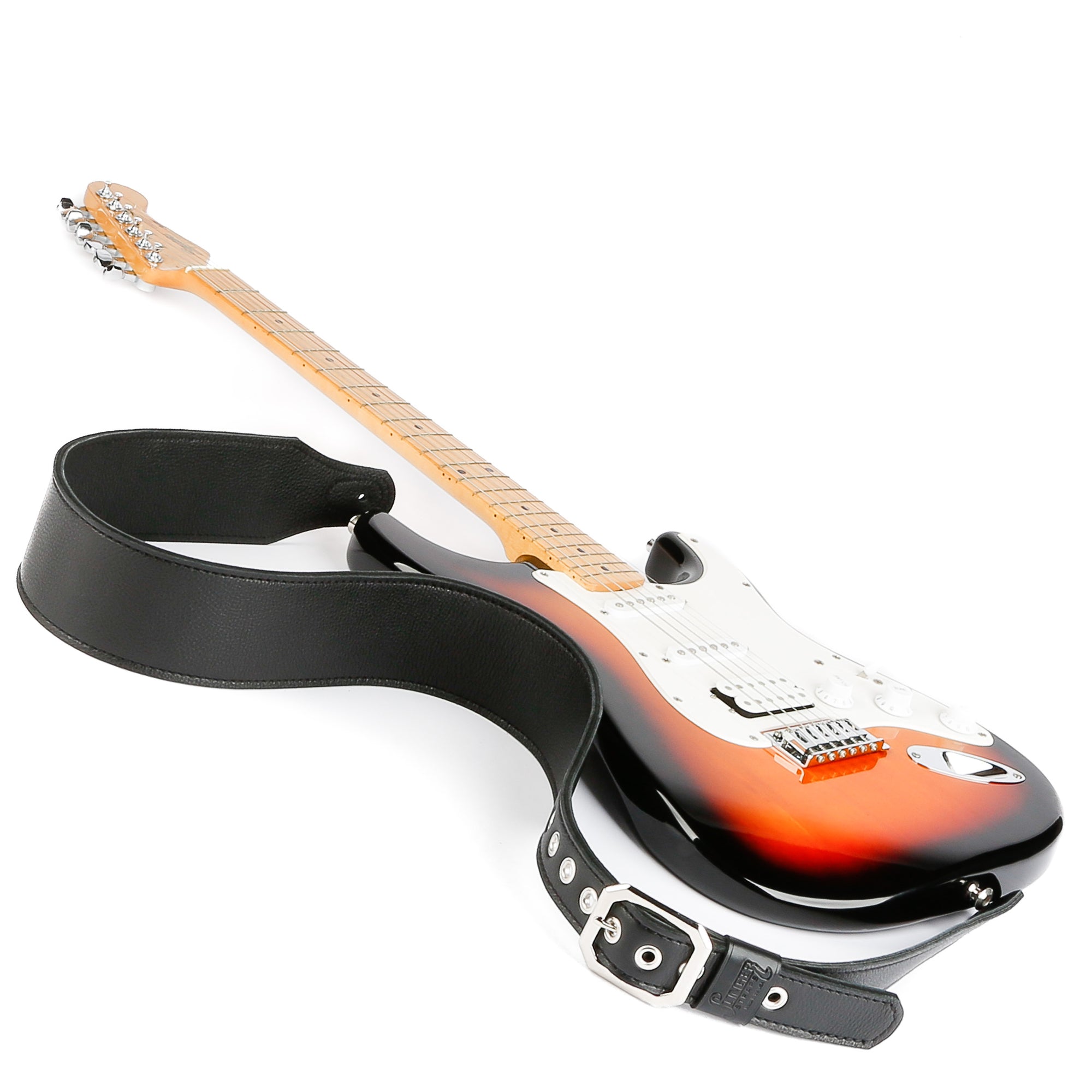 3-Inch Wide Black Pebble Finished Leather Guitar or Bass Strap with Clipped Corner Buckle