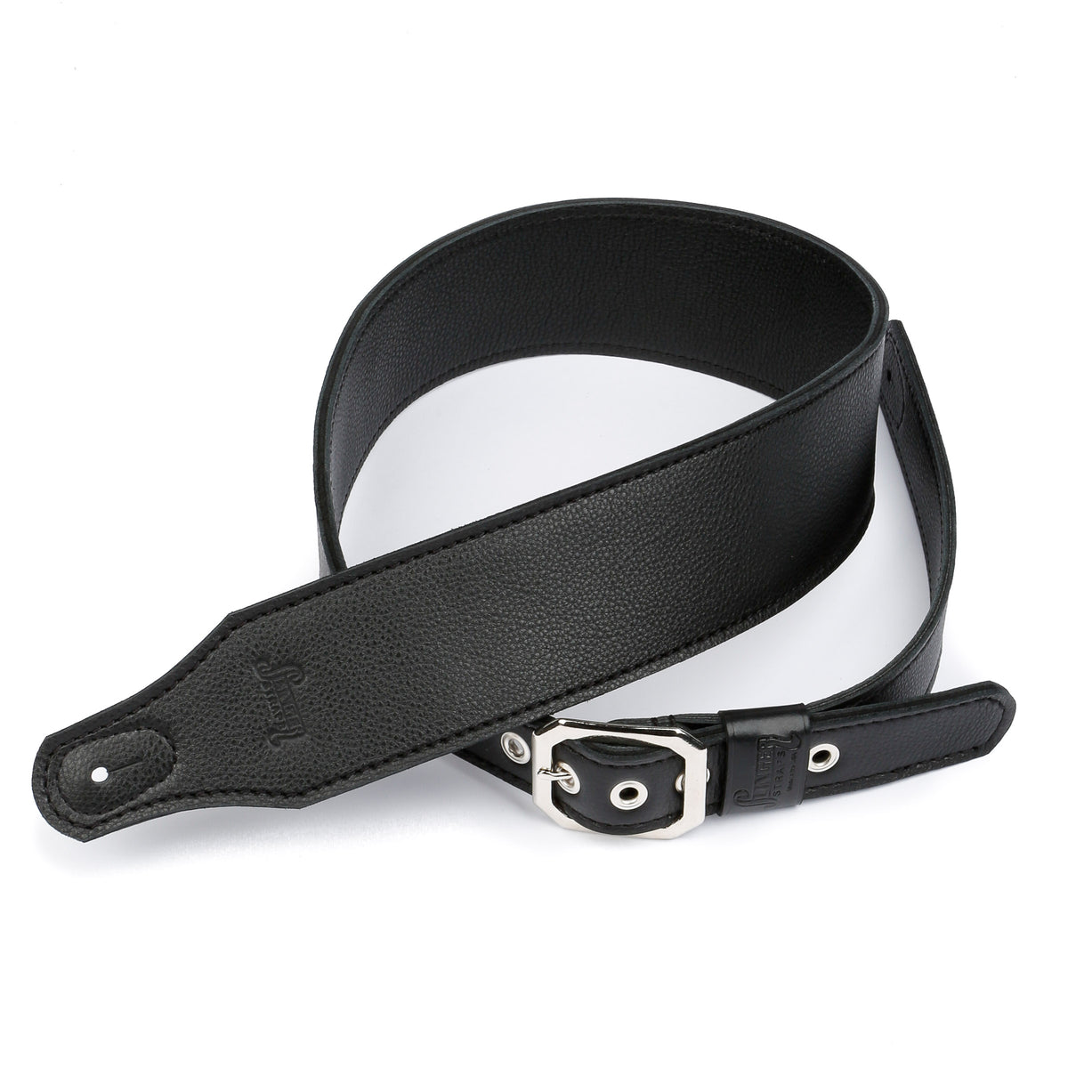 3&quot; wide black pebble finished leather guitar strap with nickel clipped corner buckle and grommets on side