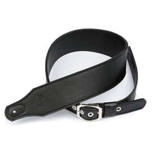 3" wide black pebble finished leather guitar strap with nickel clipped corner buckle
