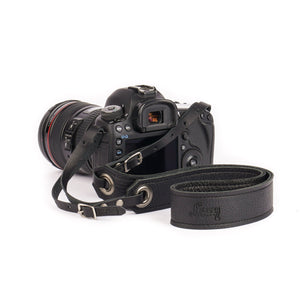 soft black leather camera strap on Canon camera with black leather end straps and brushed nickel grommets