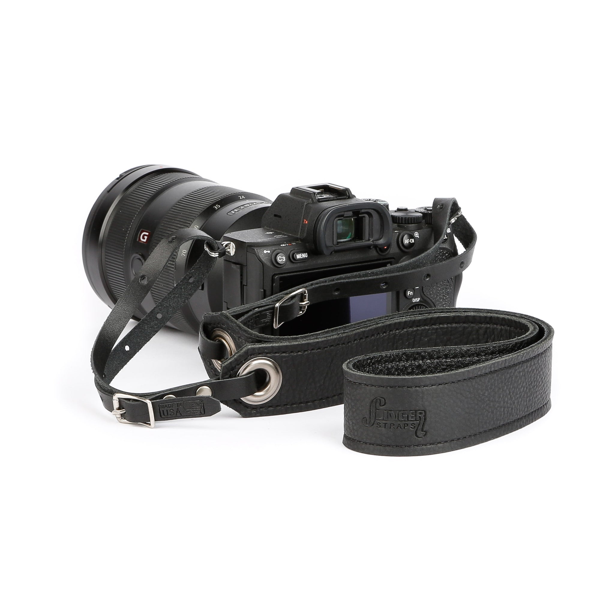soft black leather camera strap on Sony camera with black leather end straps and black grommets