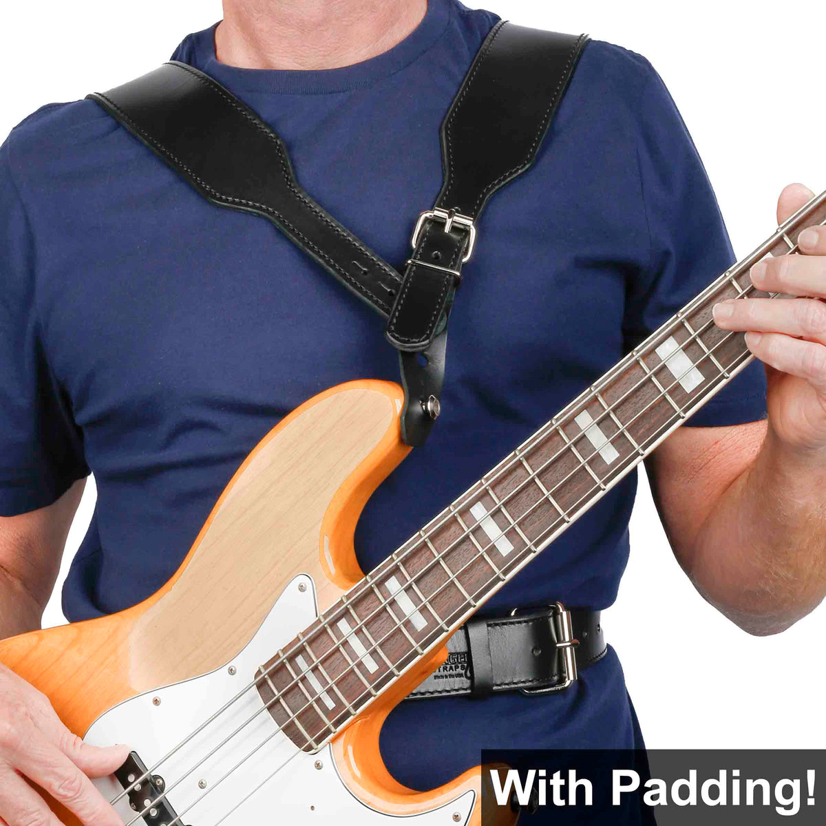 double guitar strap made of leather attached to Fender jazz bass