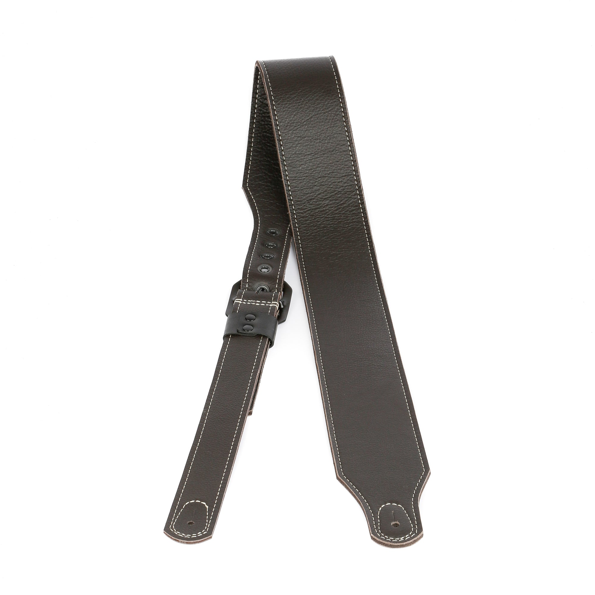 3" wide brown leather guitar strap top view with a black clipped corner buckle and grommets