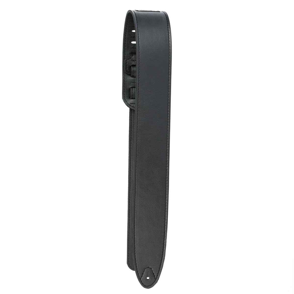 3-inch wide black leather guitar strap with a single stitched border