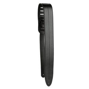 3-inch wide black leather guitar strap with stitch down the middle