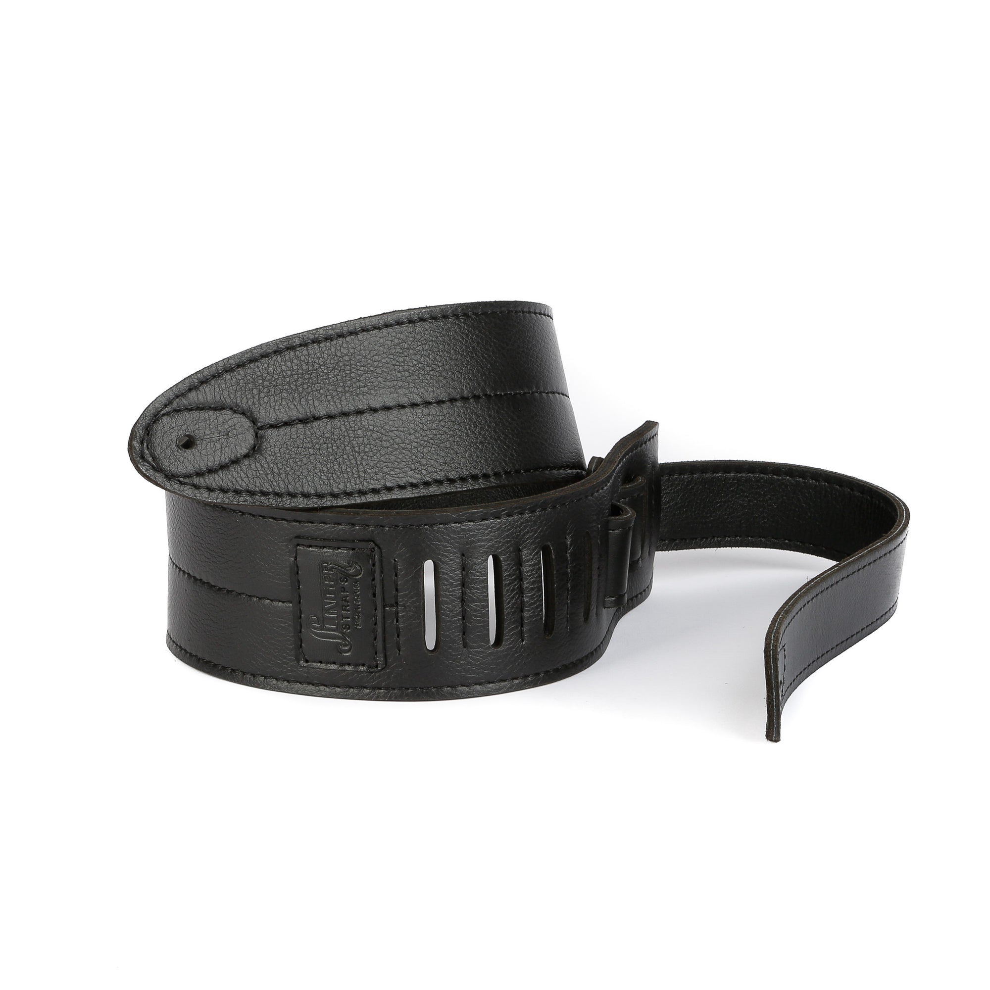 3-inch wide black leather guitar strap with stitch down the middle rolled up on side