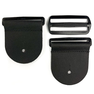 frontside of a 3-inch rounder black leather guitar strap end kit with acetal plastic hardware