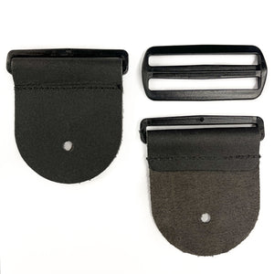 mixed view of a 3-inch rounded black leather guitar strap end kit with acetal plastic hardware