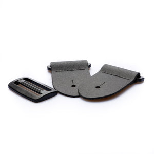 side view of a 2-inch black leather guitar strap end kit with acetal plastic hardware