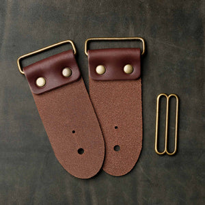 backside of brown leather strap end kit for a guitar strap with antique brass hardware