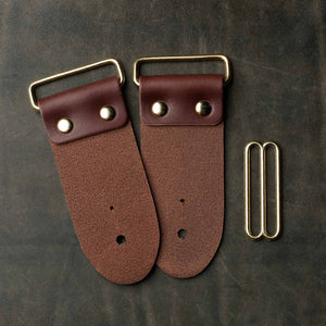 backside of brown leather strap end kit for a guitar strap with gold hardware