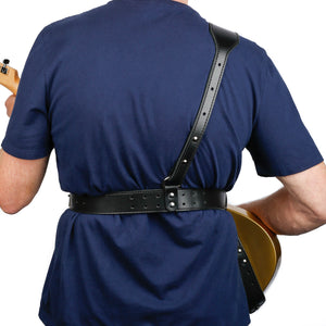 rear view of black leather sling strap with fender telecaster on right shoulder