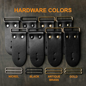 black leather guitar strap end kits with assorted  hardware colors for a variety of guitar strap