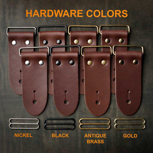 brown leather guitar strap end kits with assorted hardware colors for a variety of guitar strap