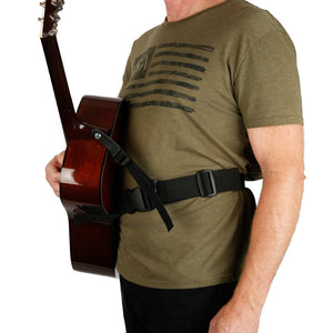 acoustic guitar strap with leash strap attached to neck strap button to avoiding guitar lean on martin guitar