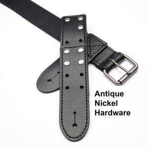 black leather waist guitar strap with antique nickel hardware