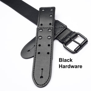 black leather waist guitar strap with black hardware