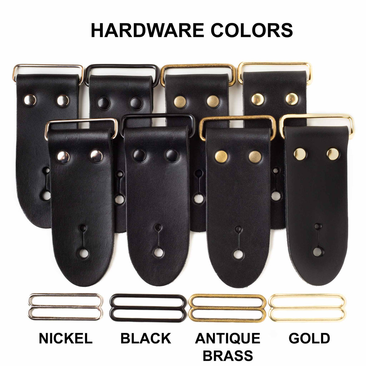 black leather guitar strap end kits with assorted  hardware colors for a variety of guitar strap