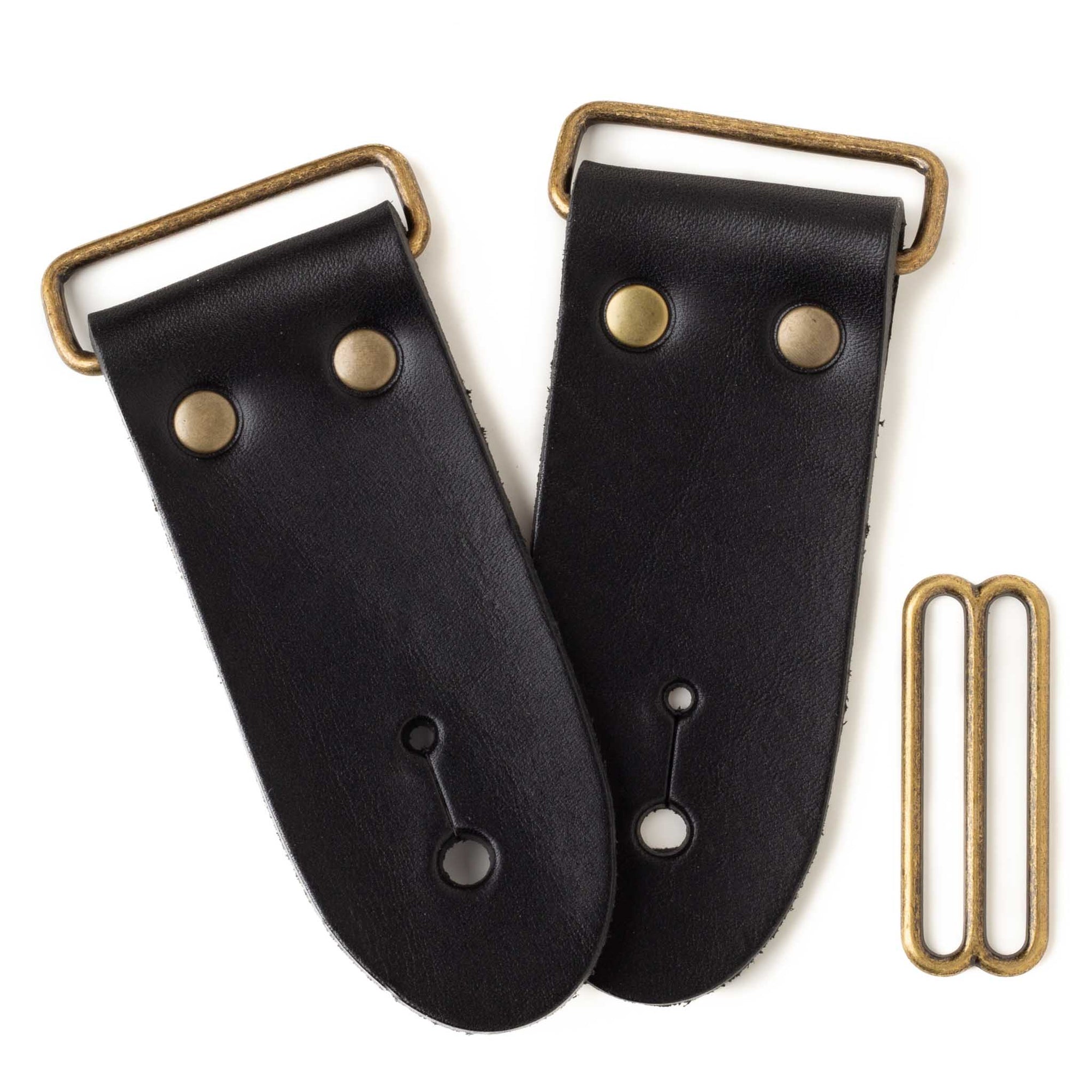 frontside of black leather guitar strap end kit for a DIY guitar strap with antique brass hardware