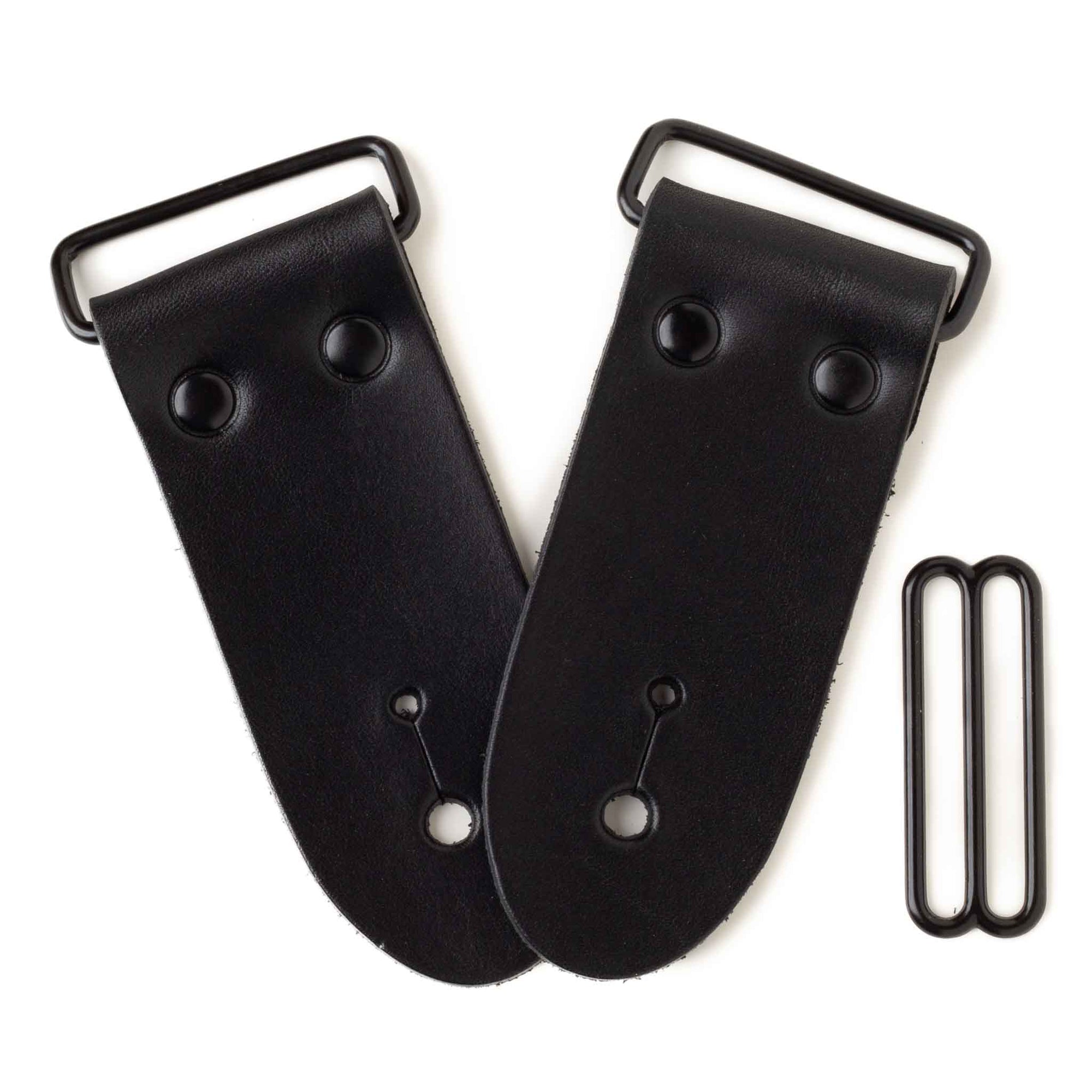 frontside of black leather guitar strap end kit for a DIY guitar strap with black hardware