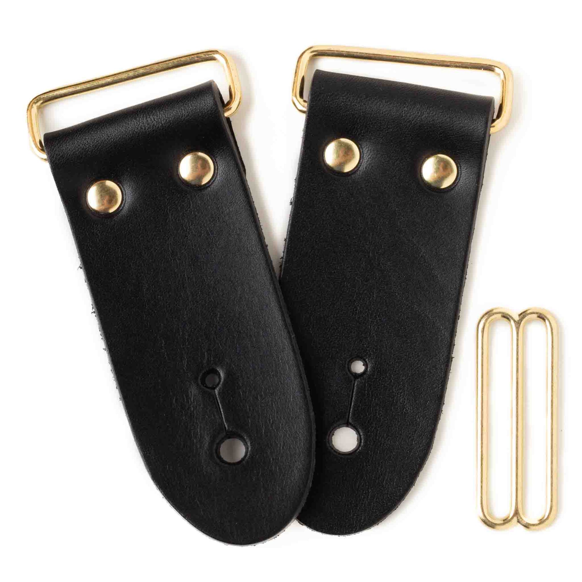 frontside of black leather guitar strap end kit for a DIY guitar strap with gold hardware