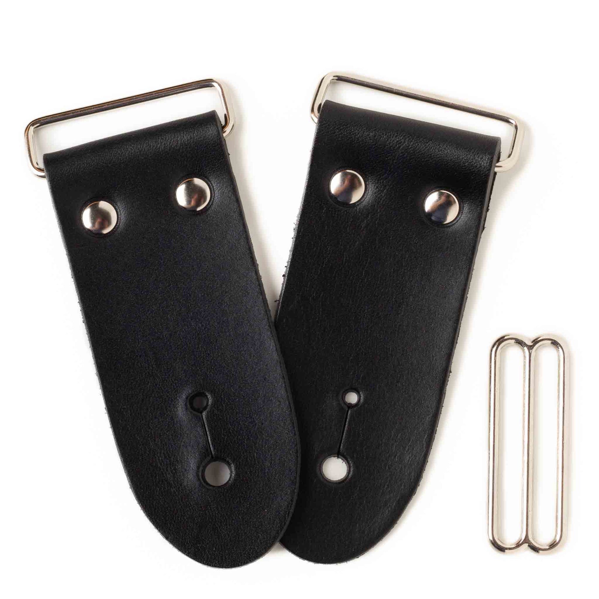 frontside of black leather guitar strap end kit for a DIY guitar strap with nickel hardware