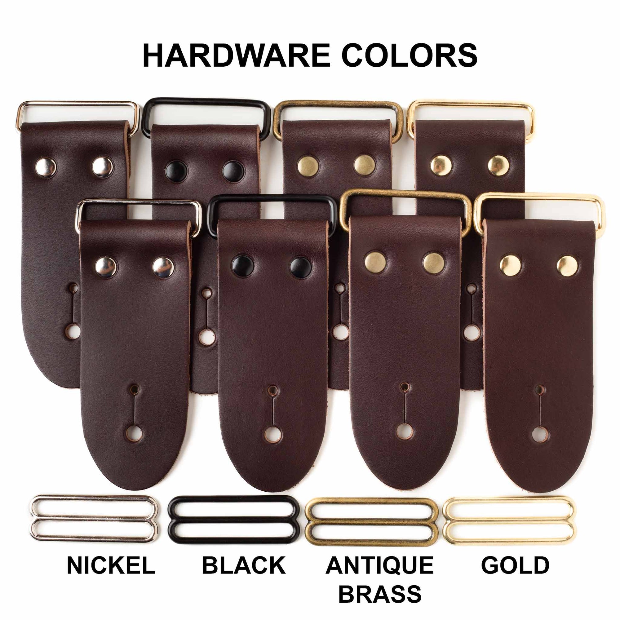 brown leather guitar strap end kits with assorted hardware colors for a variety of guitar strap