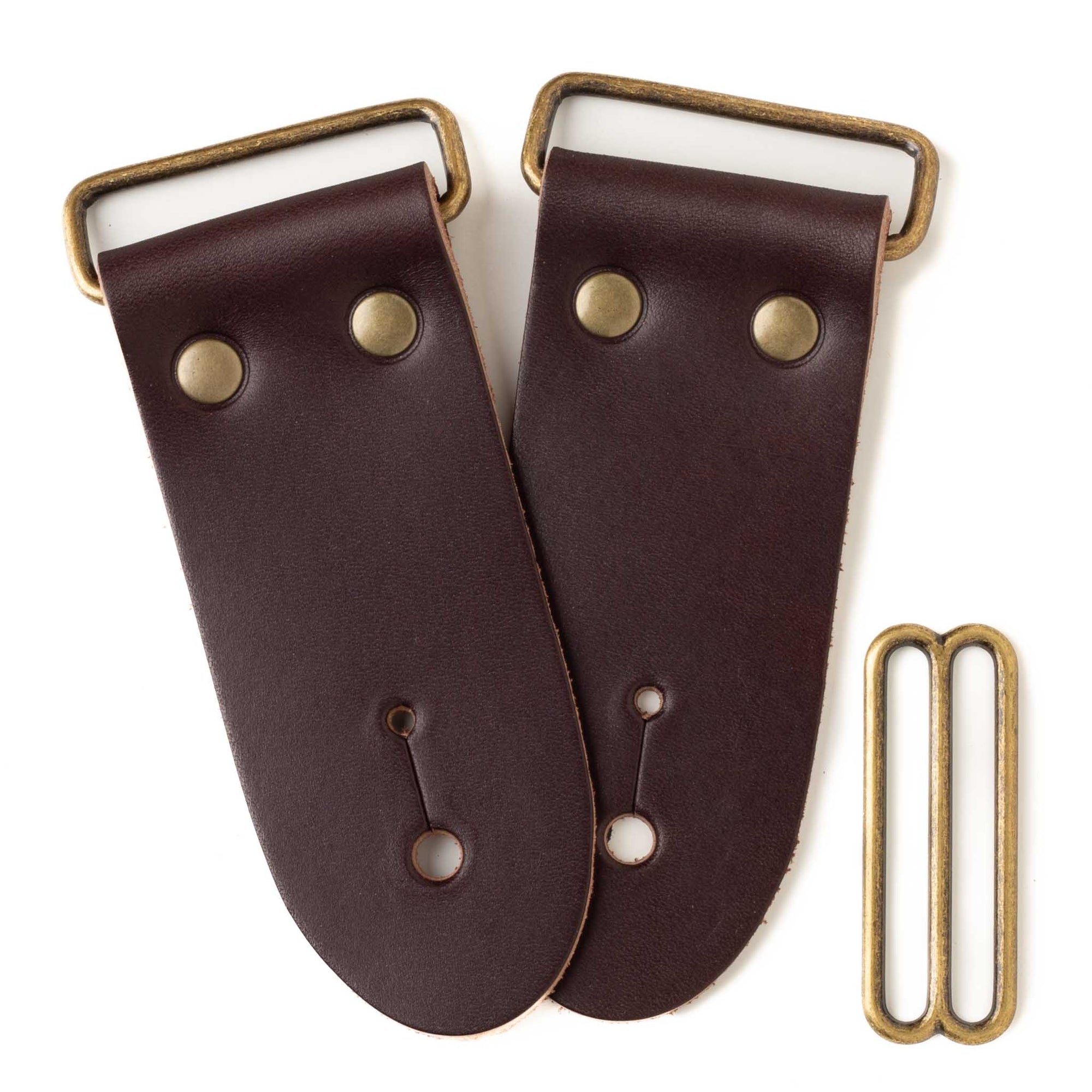 frontside of 2-inch brown leather guitar strap end kit with antique brass hardware