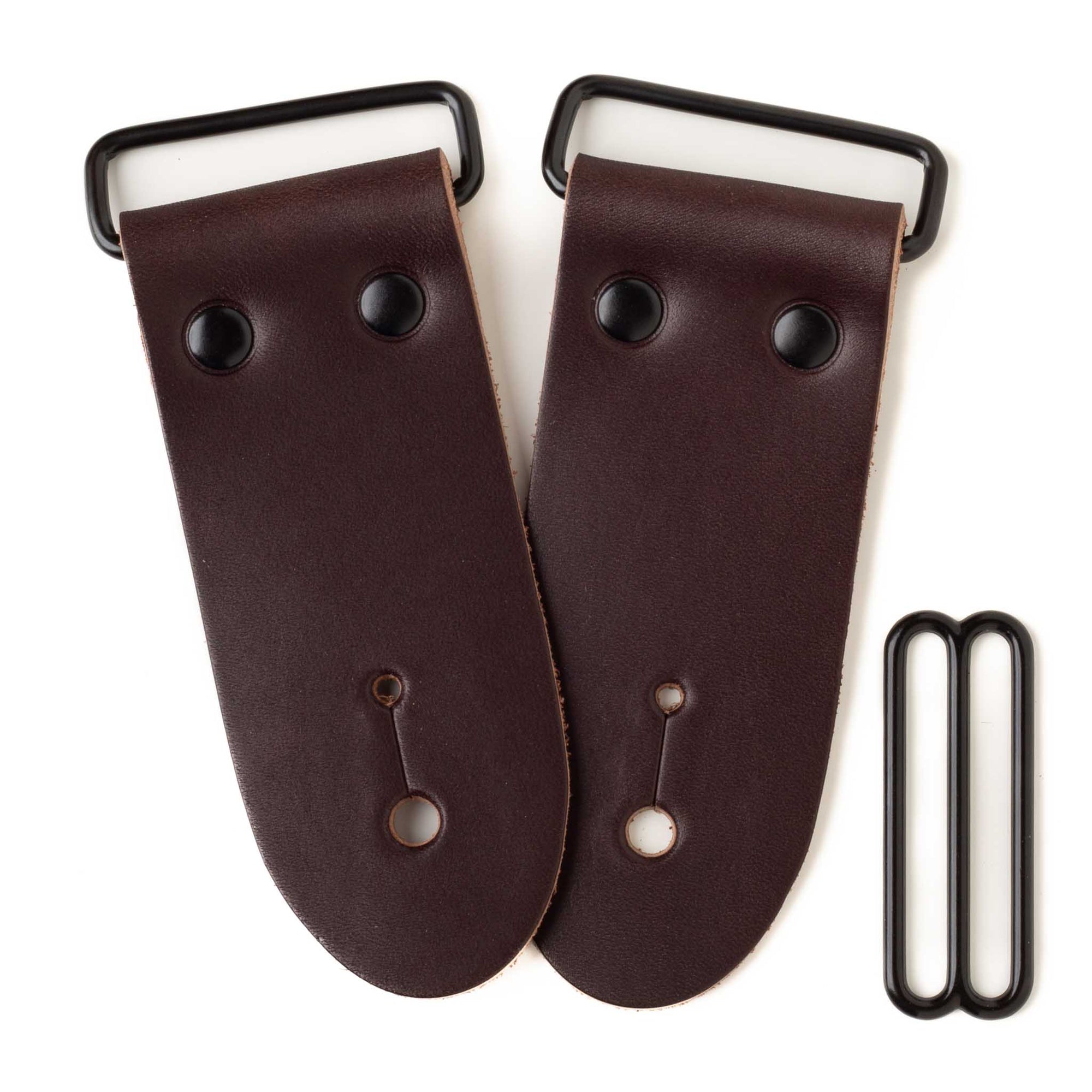 frontside of 2-inch brown leather guitar strap end kit with black hardware