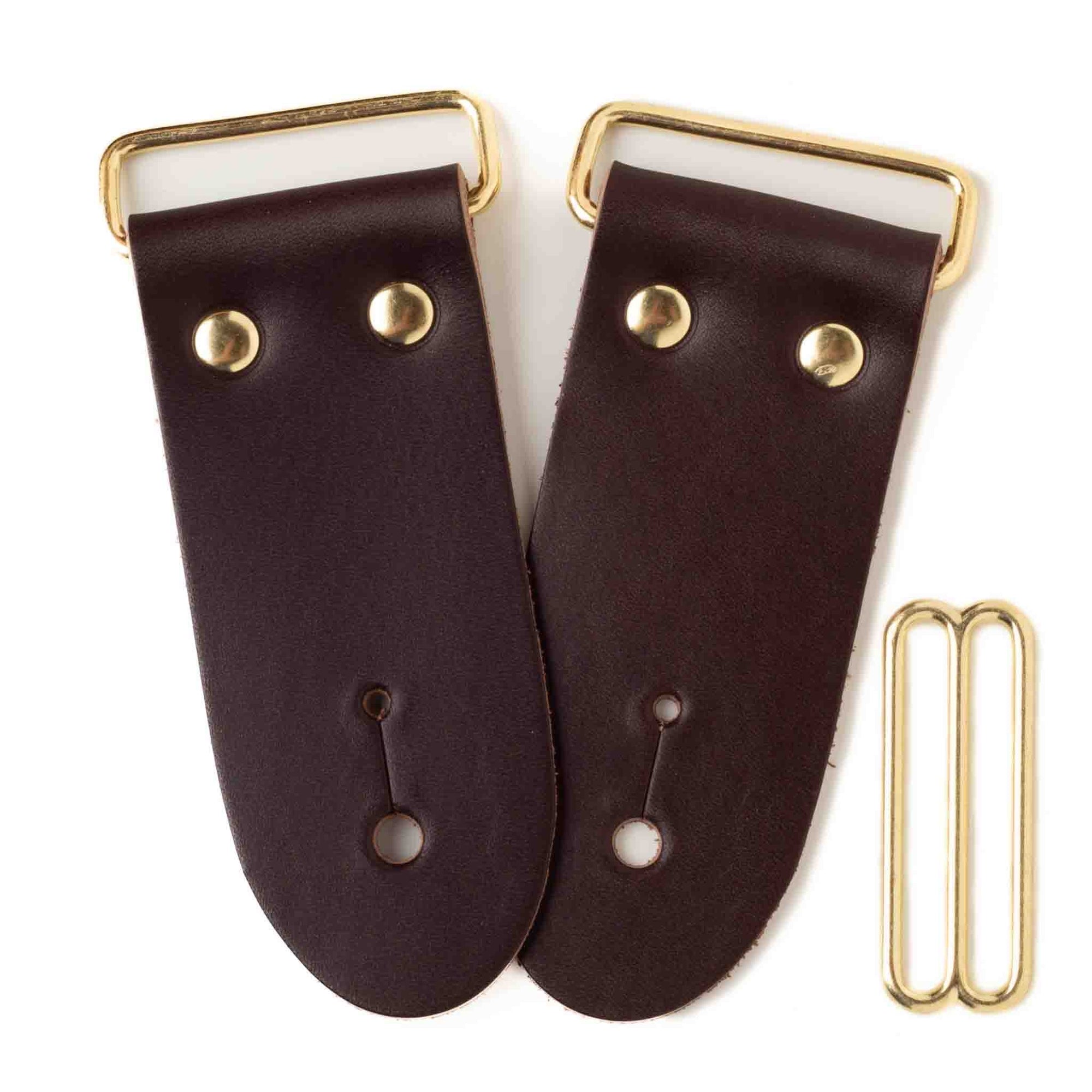 frontside of 2-inch brown leather guitar strap end kit with gold hardware