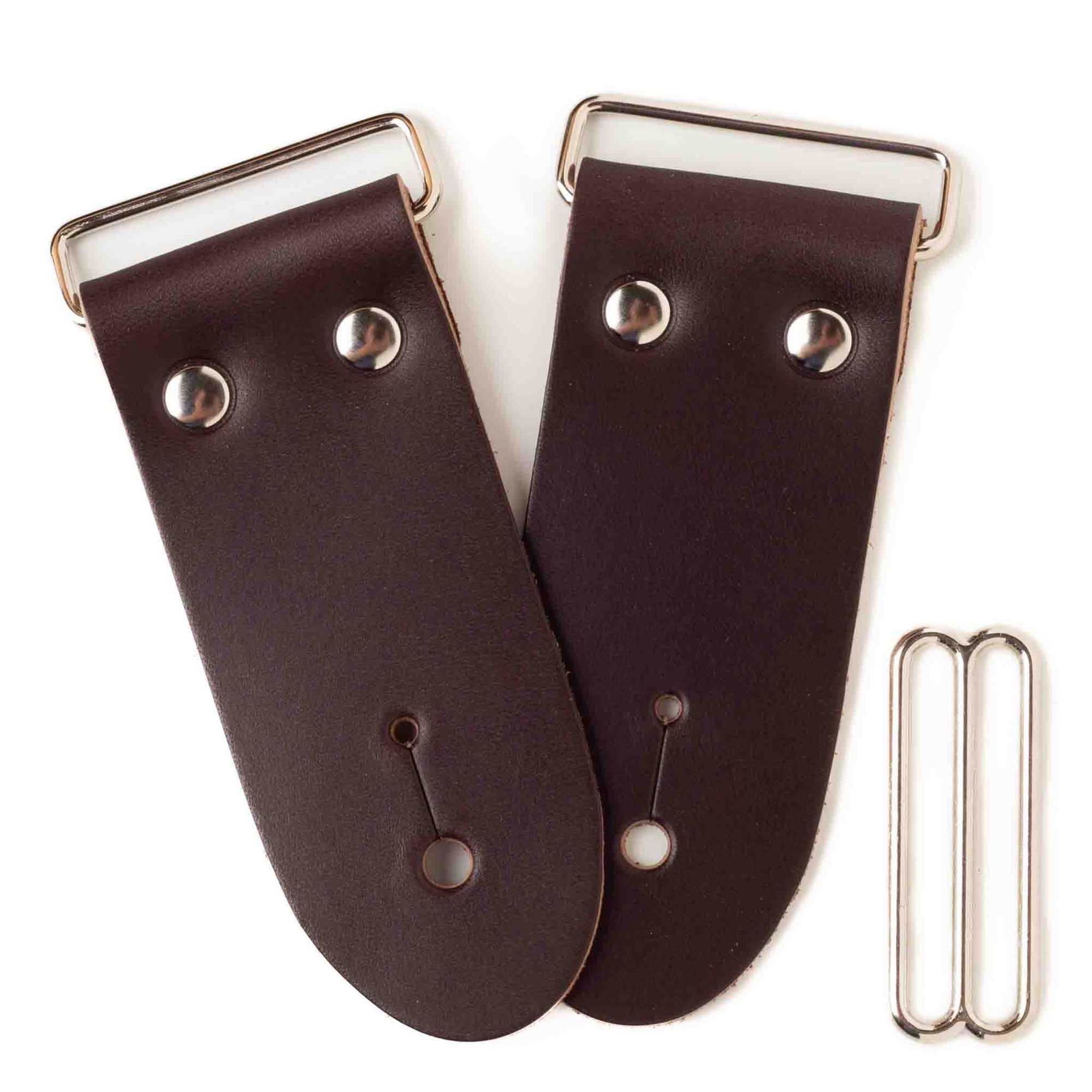 frontside of 2-inch brown leather guitar strap end kit with nickel hardware