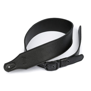 3-Inch Wide Black Leather Guitar Strap | Pebbled Finish | Clipped Corner Buckle