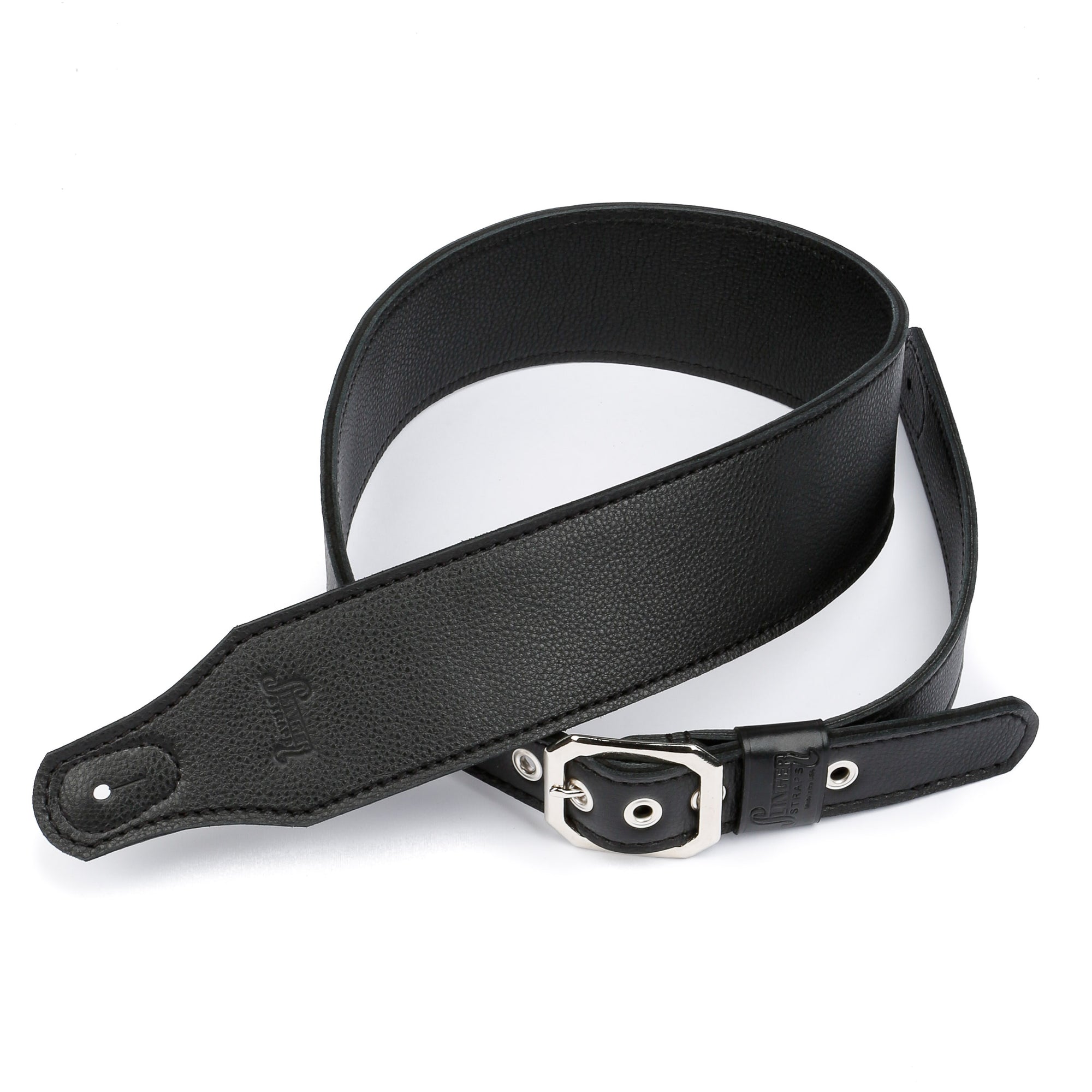 3" wide black pebble finished leather guitar strap with nickel clipped corner buckle and grommets on side