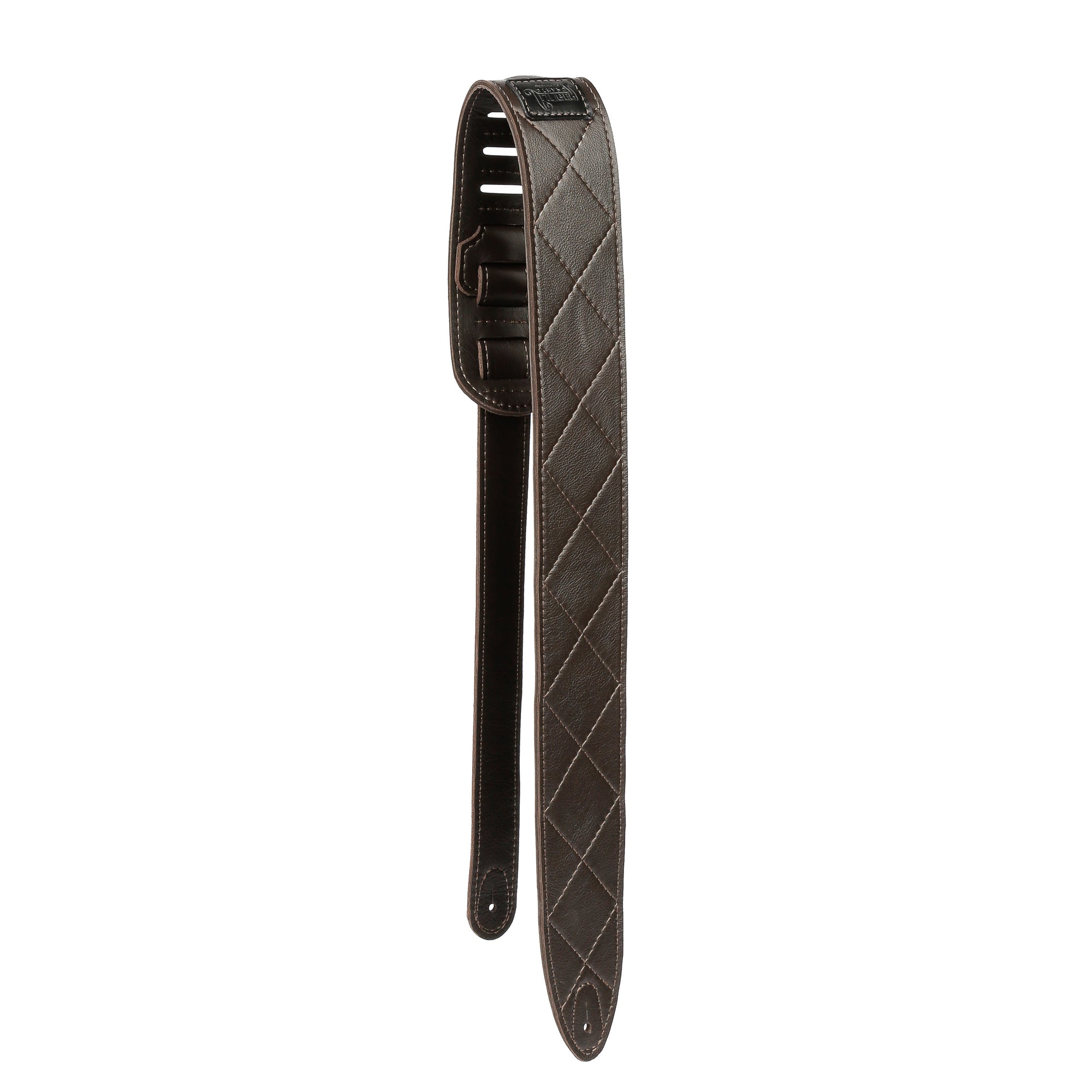 3-inch wide brown leather guitar strap with diamond stitched pattern