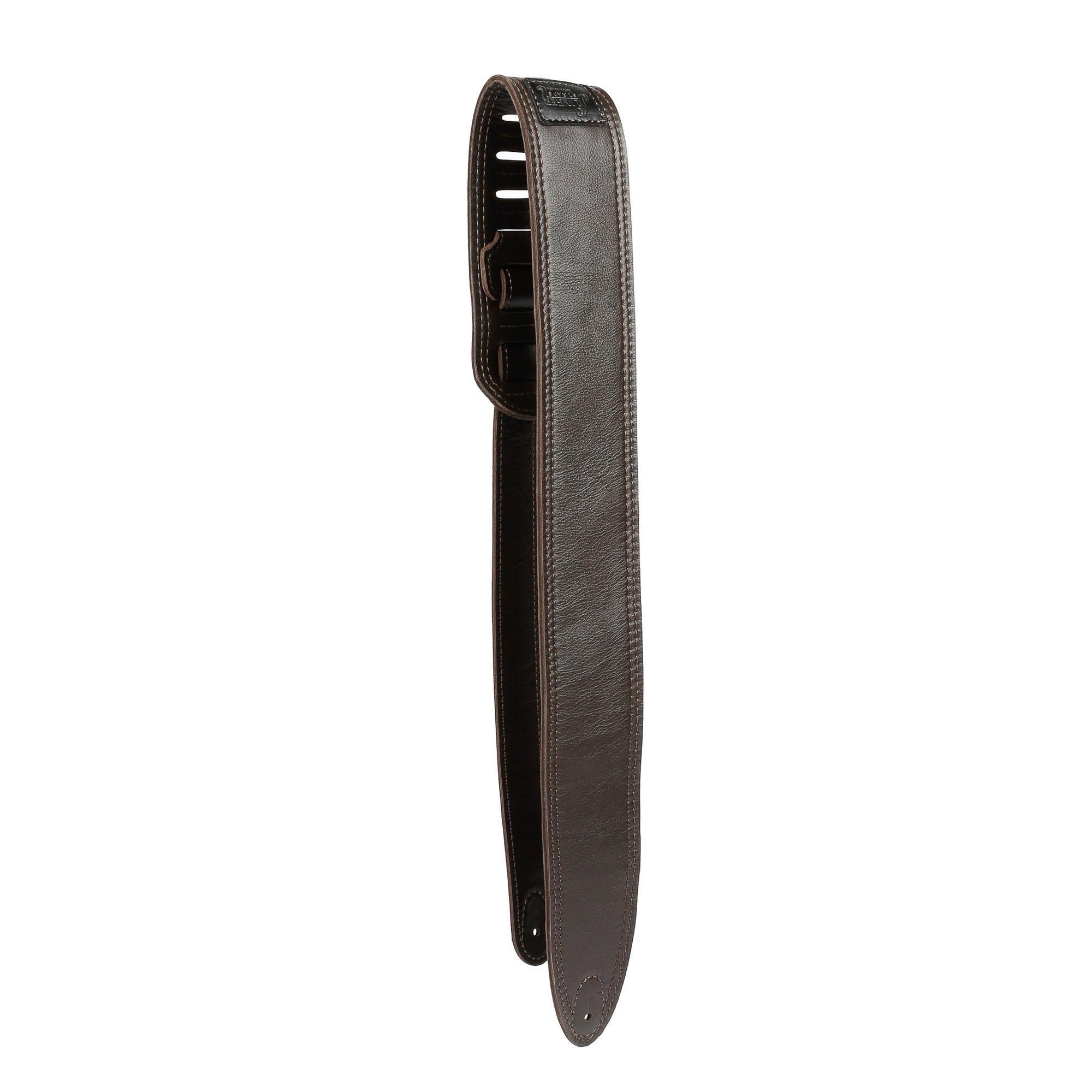 3-inch wide brown leather guitar strap with a double stitched border