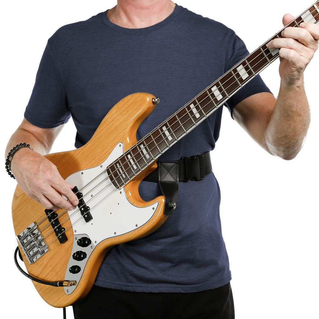 front view of fender jazz bass on a go around the waist guitar strap worn in a higher position