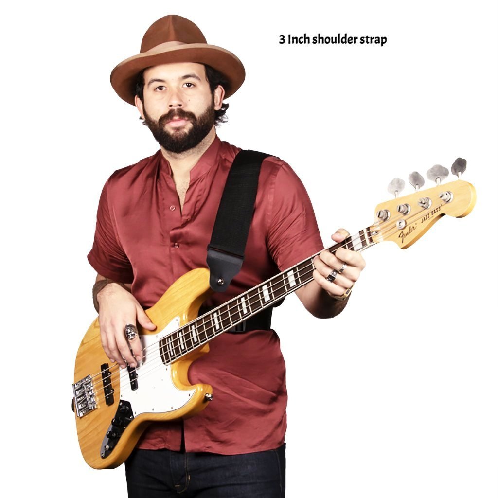 Front view of Tyler playing bass with a 3 inch sling strap bass strap