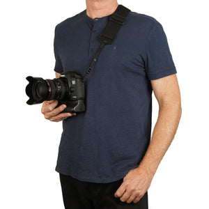 shorter camera strap made of 2" wide heavy-duty elastic material 