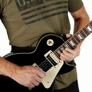 waist guitar strap with leash strap attached to top strap button to avoid forward guitar lean on gibson les paul