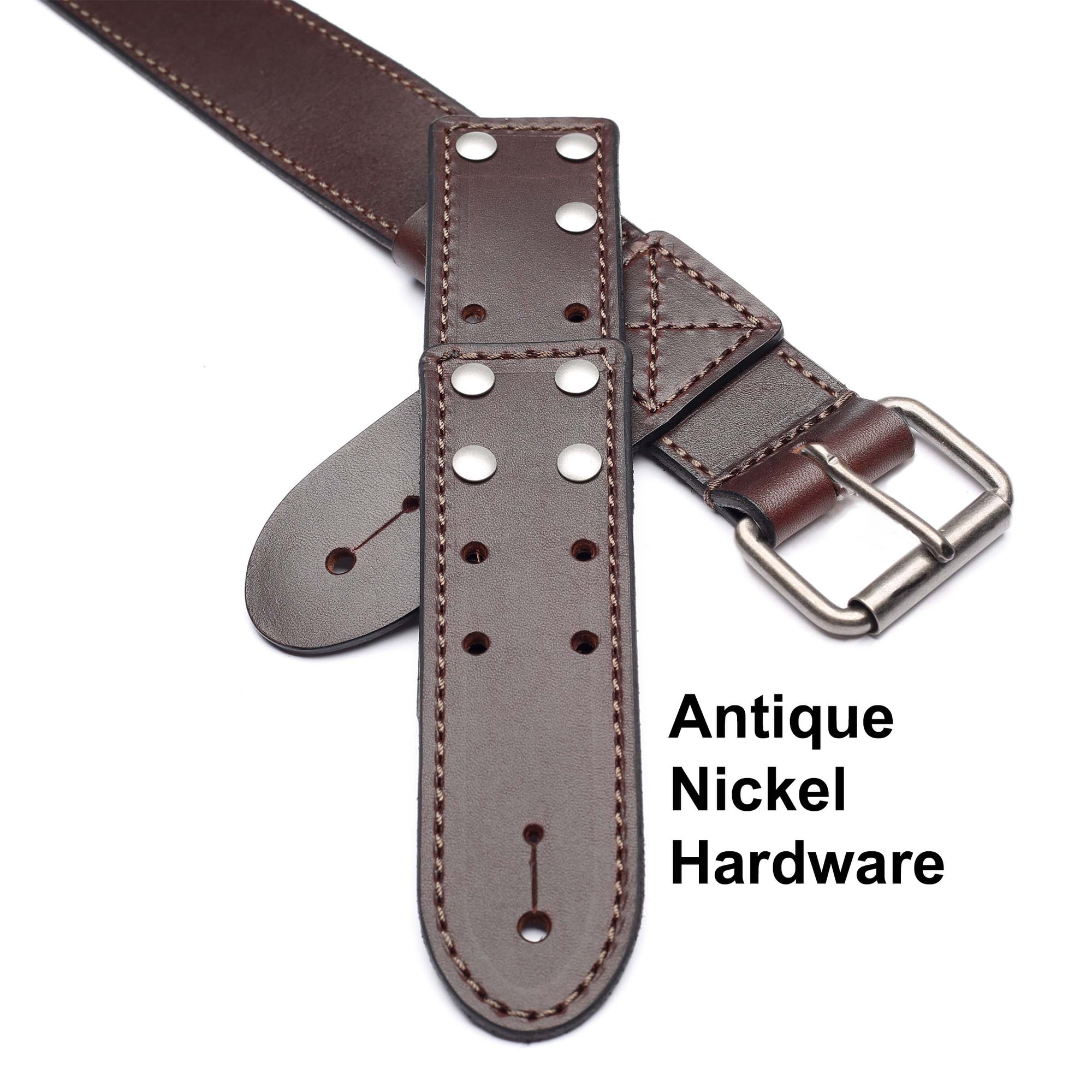 brown leather waist guitar strap with antique nickel hardware