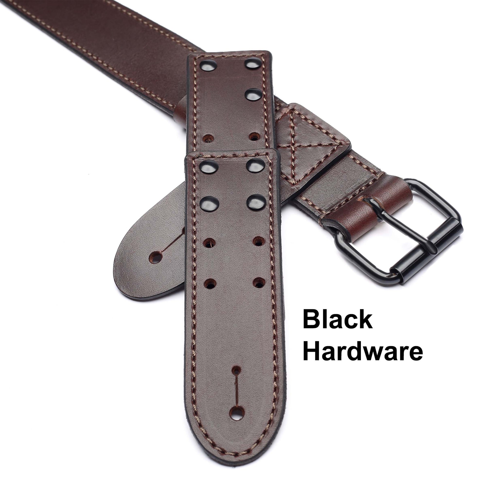 brown leather waist guitar strap with black  hardware