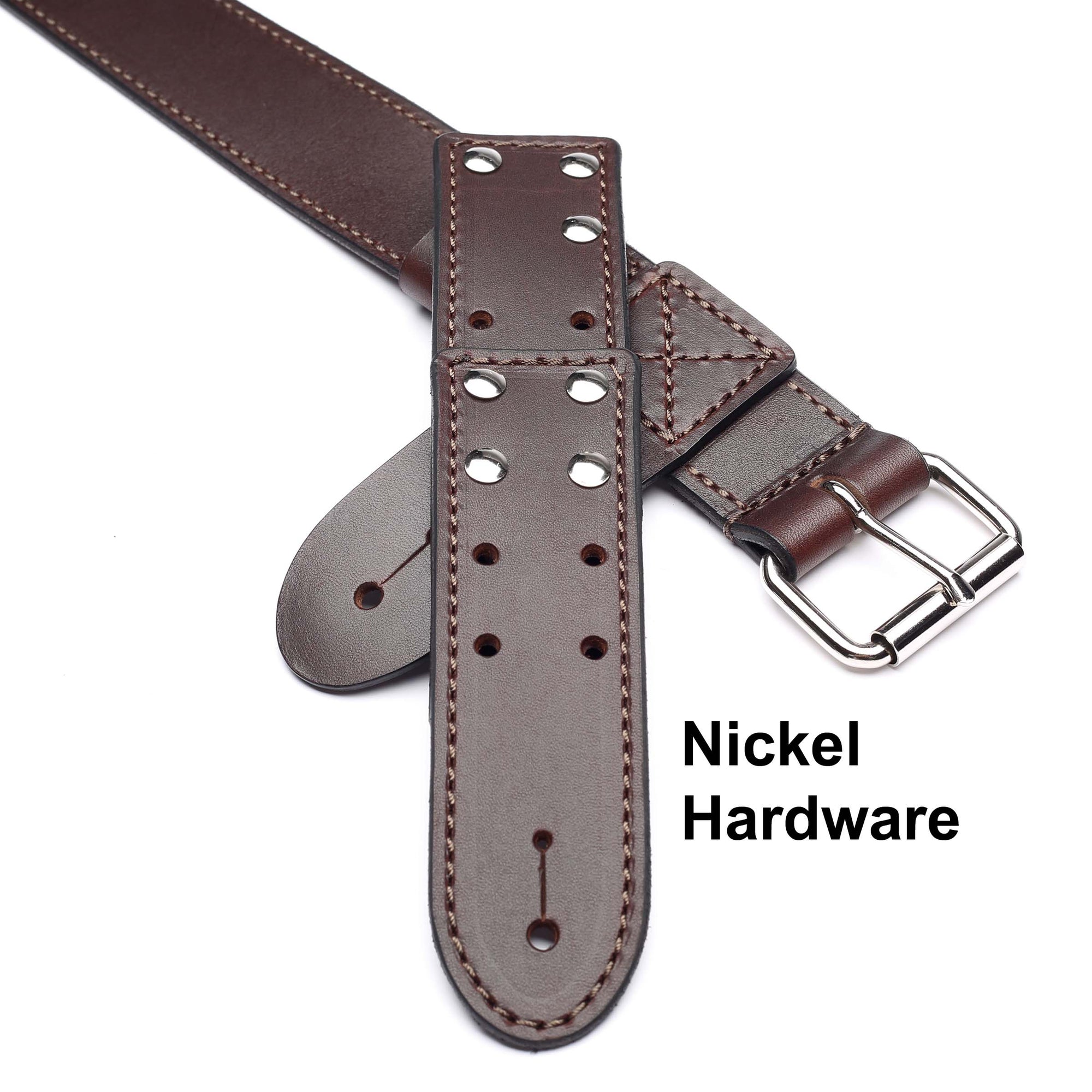 brown leather waist guitar strap with nickel hardware